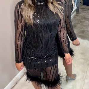 VERWIN Sequins Bodycon Dress Long Sleeve Midi Dress Elegant with Plumes at seam